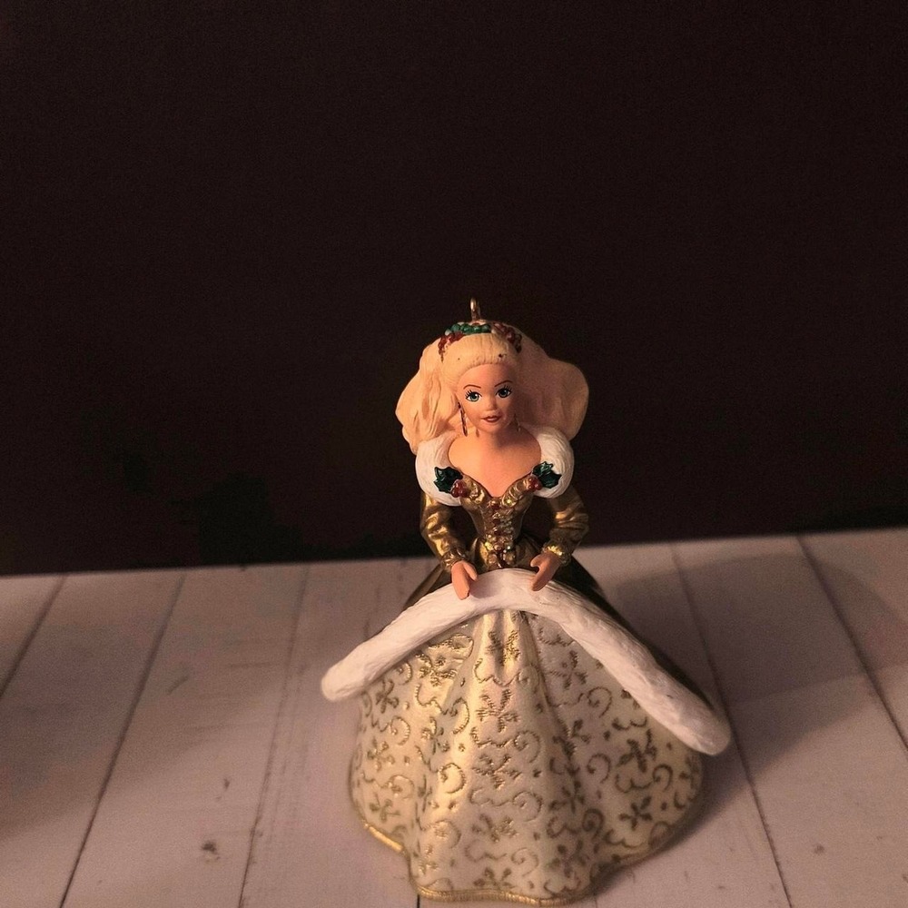 Barbie 1994 Holiday Ornament Gold White Floral Hallmark Keepsake Vintage